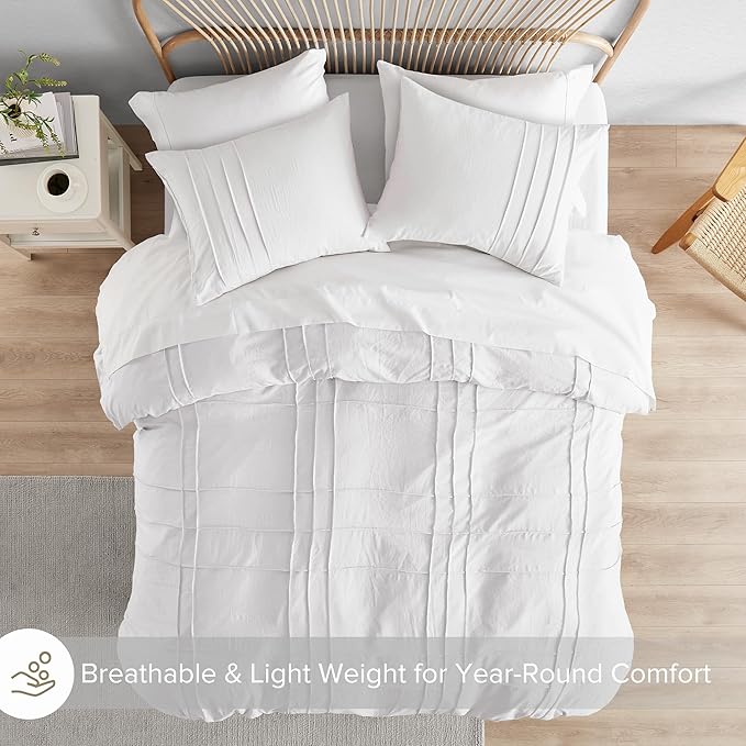 Comfort Spaces White King Size Duvet Cover Set - 3 Pieces Pintuck Pleated Duvet Cover, All Season Lightweight, Extra Softness Pre-Washed Microfiber Bedding Cover Shams, King/Cal King