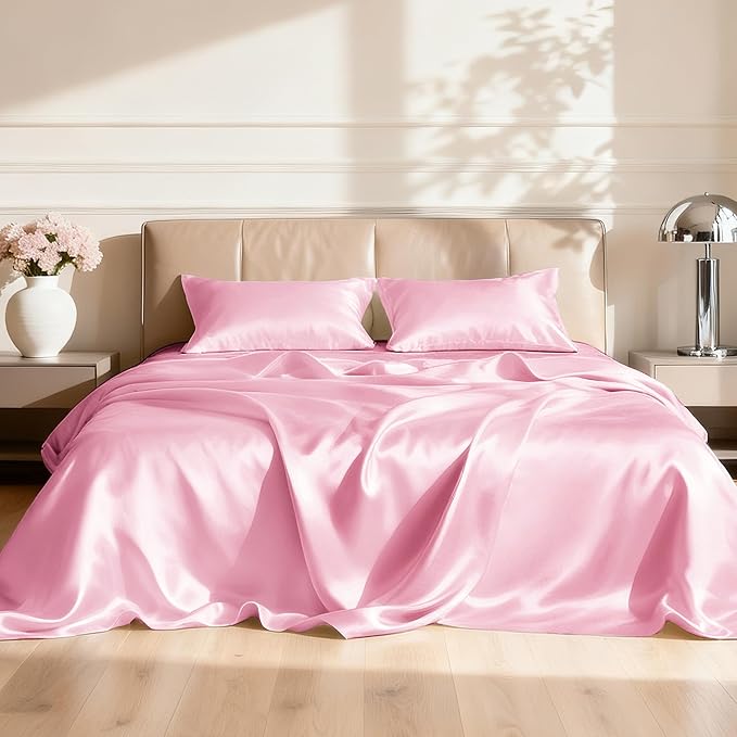Love's cabin Full Size Satin Sheet Sets - 4 Piece Pink Silky Sheet Set Full with Deep Pocket, Luxury Silk Feel Bed Sheets Full Bedding Set (1 Flat Sheet,1 Fitted Sheet,2 Pillow Cases)