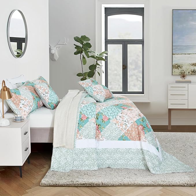 Oversized King Bedspread, Farmhouse Patchwork Floral Quilt Bedding Cover, Reversible, 6 Piece, 100% Microfiber, King/Cal King, Rosa Chinensis Jacq