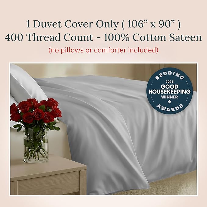 California Design Den 100% Cotton Duvet Cover King Only - Winner Good Housekeeping Best Bedding Awards 2025, 400 Thread Count, Sateen Bedding Duvet Covers, Button Closure & Corner Ties - Light Grey