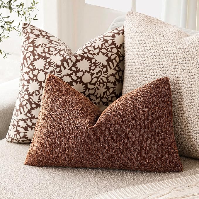 Foindtower Pack of 2 Textured Boucle Throw Pillow Covers Accent Solid Decorative Lumbar Pillow Cases Cozy Couch Cushion Case for Chair Sofa Bedroom Living Room Home Decor 12x20 Inch Red Taupe