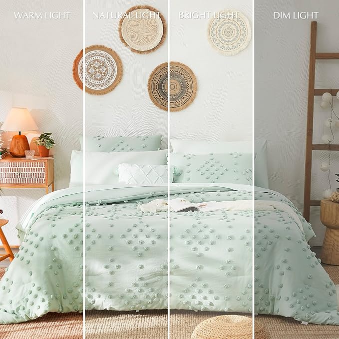 Geniospin Sage Green Twin Comforter Set for Girls- 5 Pieces Pom Tufted Bed in A Bag Twin Bedding Sets with Sheets, Pillowcases & Shams, All Season Kids Comforter Set