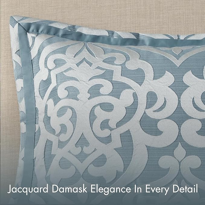 Madison Park Odette Cozy King Size Comforter Set Jacquard Damask Medallion Design - Modern All Season, Down Alternative Bedding, Shams, Decorative Pillows, King(104 in x 92 in), Aqua