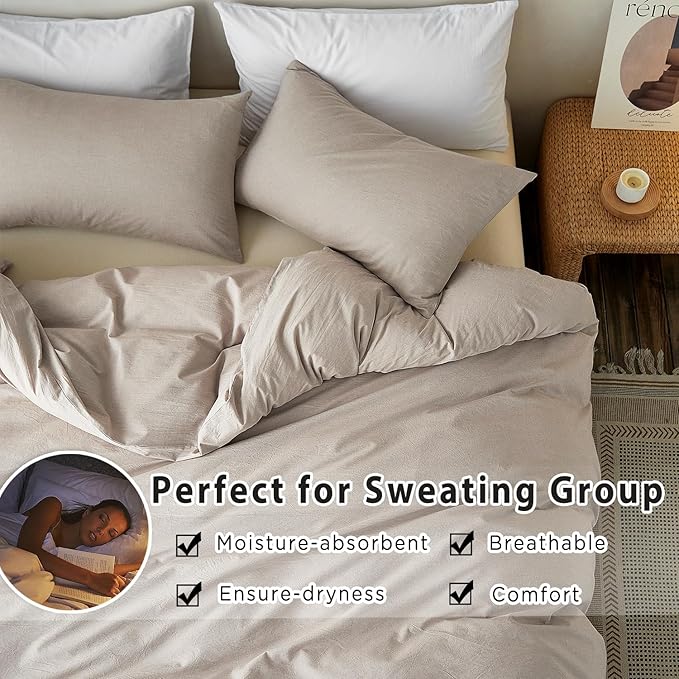 TOCOMOA Duvet Cover Set 100% Washed Cotton Linen Feel Soft Comfy Breathable 3 Piece Comforter Covers Bedding Set (King, Heathered Linen Grey)