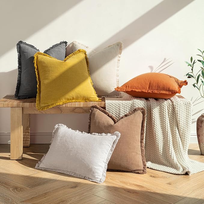 MIULEE Decorative Throw Pillow Covers Neutral Linen Fringe Throw Pillows Set of 2 Burnt Orange Boho Farmhouse Cushion Covers with Tassels for Couch Sofa Bed Living Room Home Decor 18x18 Inch