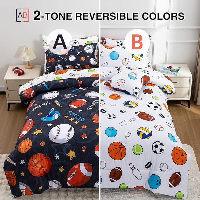 A Nice Night Boys Rugby Balls Comforter Set 6-Piece Bed-in-a-Bag with Sheet Set, Twin Size Polyester Bedding Collections for Kids, Durable & Easy Care, Sports Theme Design for Boys Bedroom