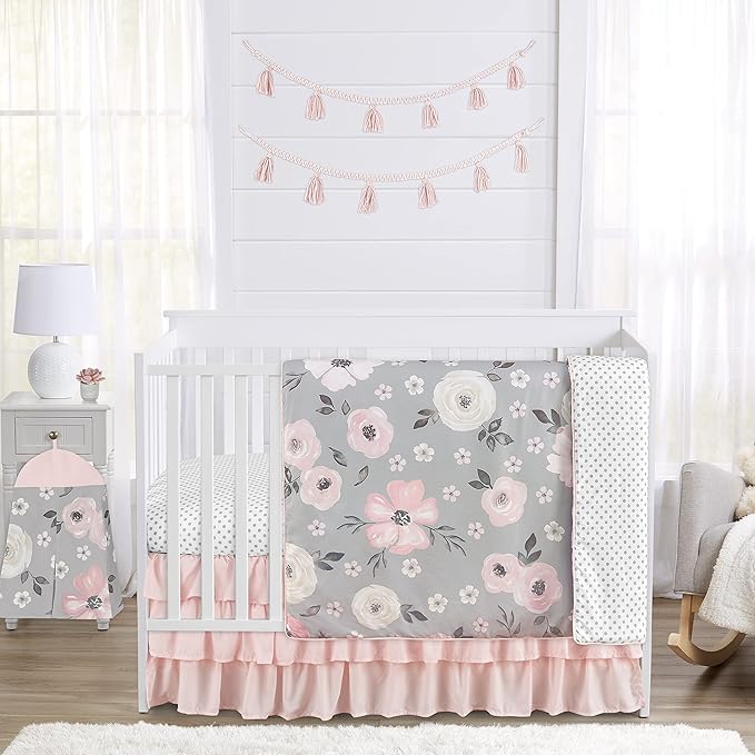 Sweet Jojo Designs Grey Watercolor Floral Baby Girl Nursery Crib Bedding Set - 4 Pieces - Blush Pink Gray and White Shabby Chic Rose Flower Polka Dot Farmhouse