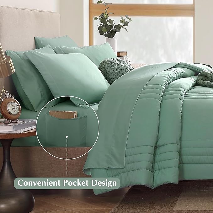 Monbix Queen Comforter Set - 7 Pieces Harbor Green Bed in a Bag Queen Bedding Sets with Comforters, All Seasons Comforter Bed Set with Sheets, Pillowcases & Shams
