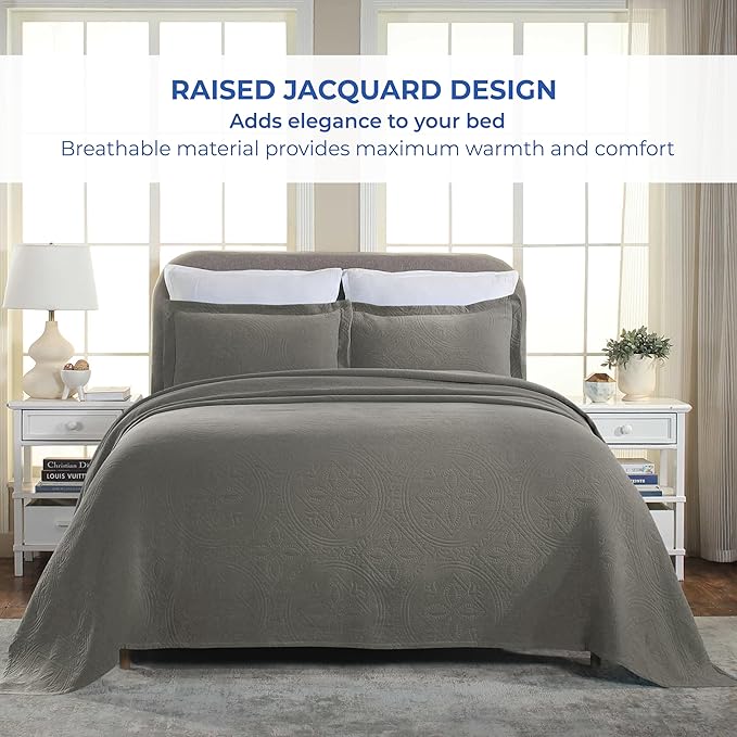 Superior 2 Piece Celtic Circles Cotton Bedspread Set, Decorative Bed Spread, Home Bed Decor, 1 Pillow Sham, Medium Weight Blanket, Matelasse Coverlet Bedding, Wedding Ring Design, Twin, Charcoal