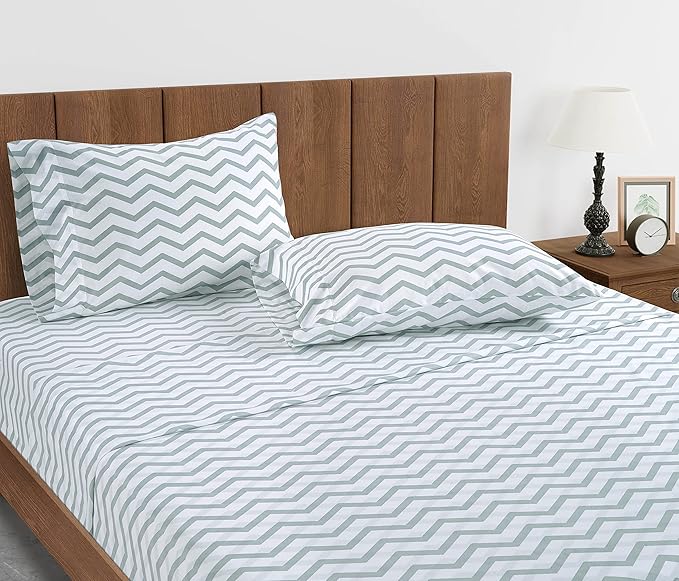 LANE LINEN Mercerized 100% Organic Cotton Queen Size Fitted Sheet only (+Pillowcases), Percale Weave, Soft & Breathable Fully Elasticized Reinforsed Seam Printed Fitted Sheet -Chevron (No Flat Sheet)