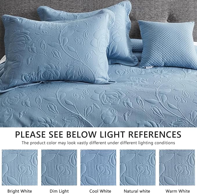 CHIXIN Bedspread Coverlet Set Queen Size - Lightweight Bedding Cover - Ultrasonic Quilting - 5 Piece Reversible Bedspread - Vintage Rose Pattern (Queen, Ashley Blue)