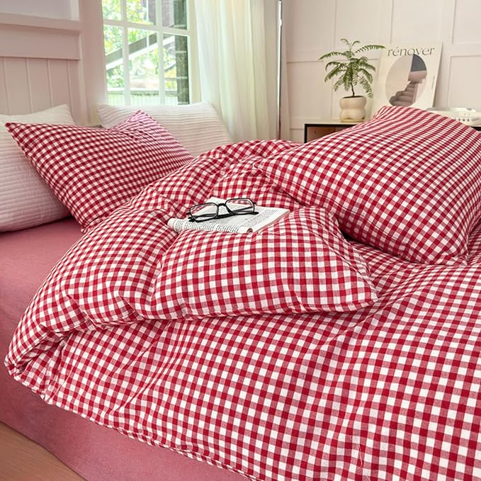LifeTB Red Gingham Comforter Set Full Modern Style Red Plaid Comforter Set 3 Pieces Soft Fluffy Grid Checkered Pattern Comforter with 2 Pillowcases Vintage Luxury Soft Gingham Bedding Comforter Full