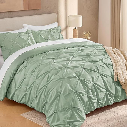Andency Sage Green Pinch Pleated Comforter King(104x90Inch), 3 Pieces Pintuck Lightweight Comforter Set, Soft Microfiber Down Alternative Bedding Set