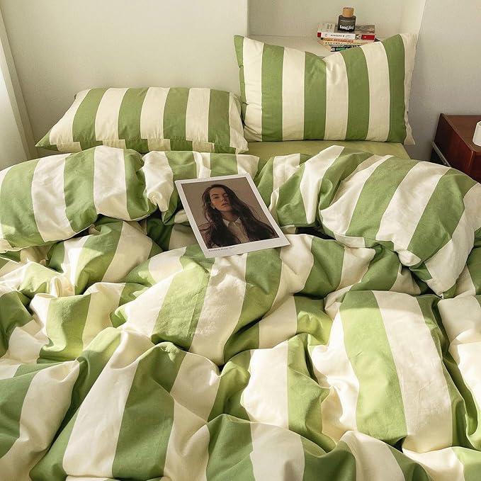 Full Comforter Set 3 Pieces Striped Comforter Set Green White Stripes Pattern Comforter with 2 Pillowcases Modern Style Fluffy Soft Lightweight Bedding Set Comfy Retro Striped Comforter Full Size