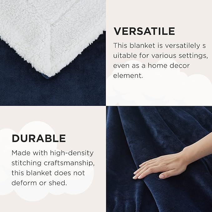 Bedsure GentleSoft Sherpa Fleece Throw Blanket for Couch, Non-Heated, Thick and Warm Throw for Women and Men, Soft Fuzzy Plush Blanket for Winter, Navy, 50x60 Inches