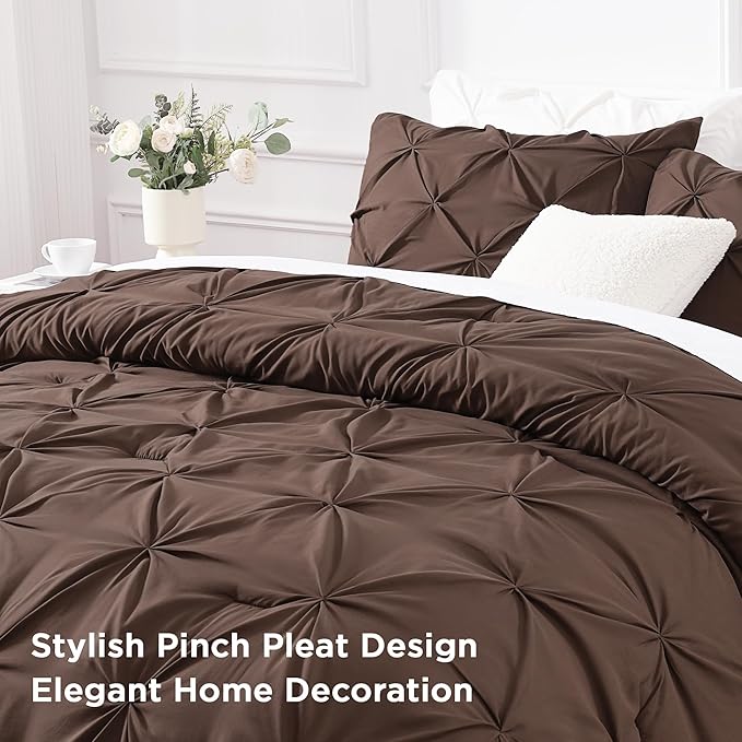 Andency Brown Queen Comforter Set, 3 Piece All Season Decorative Pintuck Bedding Comforter & Sets, Brown Soft Microfiber Lightweight Washable Bed Set for Queen Size Bed