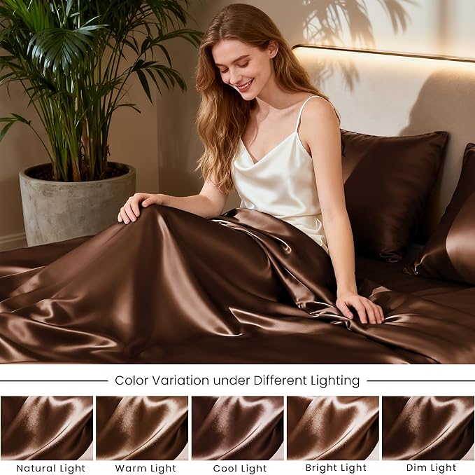 Love's cabin Satin King Sheet Sets - 4 Piece Brown Silky Sheets King Size Bed with Deep Pocket, Luxury Silk Feel King Size Satin Sheet Set (1 Flat Sheet,1 Fitted Sheet,2 Pillow Cases)