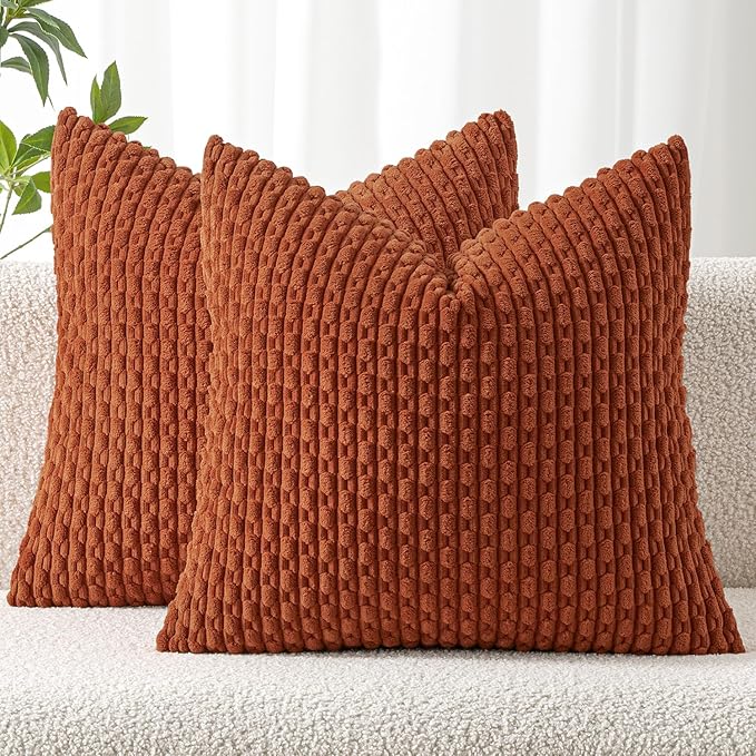 MIULEE Rust Throw Pillow Covers Soft Corduroy Decorative Set of 2 Boho Striped Pillow Covers Pillowcases Farmhouse Home Decor for Couch Bed Sofa Living Room 20x20 Inch