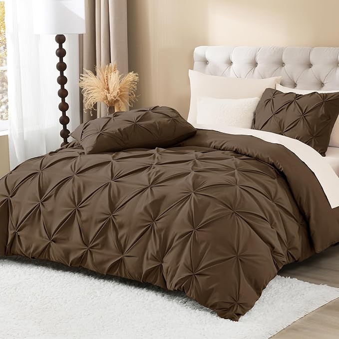 Litanika Brown Oversized King Pinch Pleat Duvet Cover, 3 Pieces Pintuck Cover Soft Microfiber Bedding Set with Zipper Closure & Corner Ties(1 Duvet Cover, 2 Pillowcases)