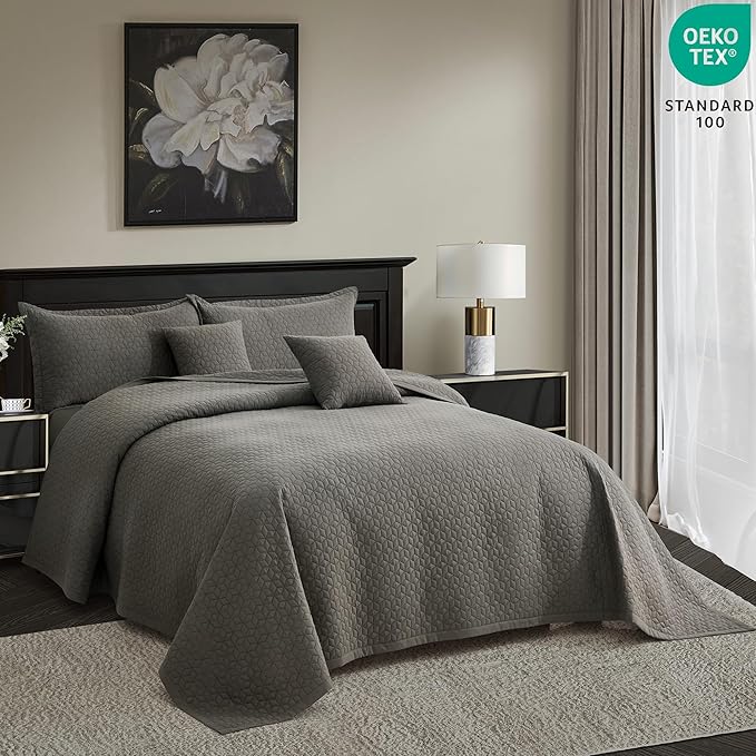 Oversized King Bedspread 128x120 Extra Wide, Modern & Contemporary Look, Lightweight Bedding Cover, Reversible, 5 Piece, 100% Microfiber, Brown