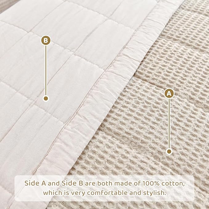 Sanracie100% Cotton Queen Size Quilt Bedspread (90"x98"), Wheat Colored Waffle Weave Quilt Sets 3Pcs Luxury Aesthetic Bedding Set Soft Lightweight Farmhouse Coverlet Set for All Seasons