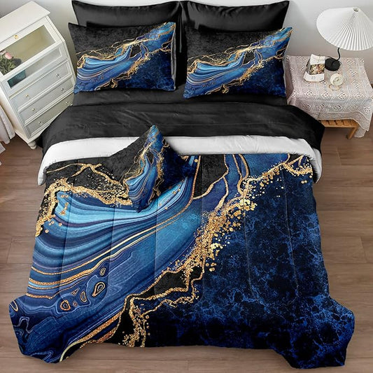 Black Gold Bedding Blue Marble Comforter Set 8 Pieces King Bed in a Bag with 1 Black and Blue Comforter, 1Flat Sheet, 1 Fitted Sheet, 4 Pillowcases, 1 Marble Cushion Cover
