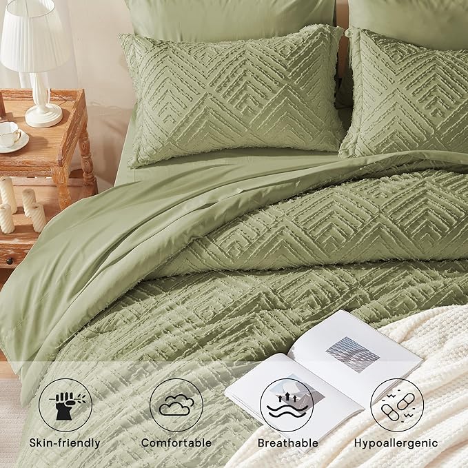 Zzlpp King Comforter Set 7 Pieces, Army Green Tufted Bed in a Bag with Comforter and 2 Sheets, All Season Boho Bedding Sets with 1 Comforter, 2 Pillow Shams, 2 Pillowcases