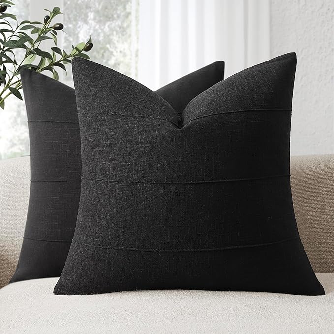 ZWJD Decorative Linen Throw Pillow Covers 20x20 Set of 2 Solid Handcrafted Striped Cushion Covers for Bed Soft Modern Farmhouse Neutral Pillowcase for Couch Bedroom Living Room Home Decor(Black)