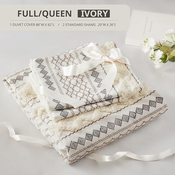 INK+IVY Imani 100% Cotton Duvet Mid Century Modern Design, All Season Comforter Cover Bedding Set, Matching Shams, Full/Queen, Ivory Chenille Tufted Accent 3 Piece