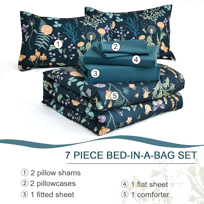 Yiran Floral Full Size Comforter Set, 7 Piece Peacock Blue Comforter Bedding Set, Spring Bed in a Bag with Botanical Flowers Pattern, Soft Microfiber Complete Bedding Set with Sheets for All Season