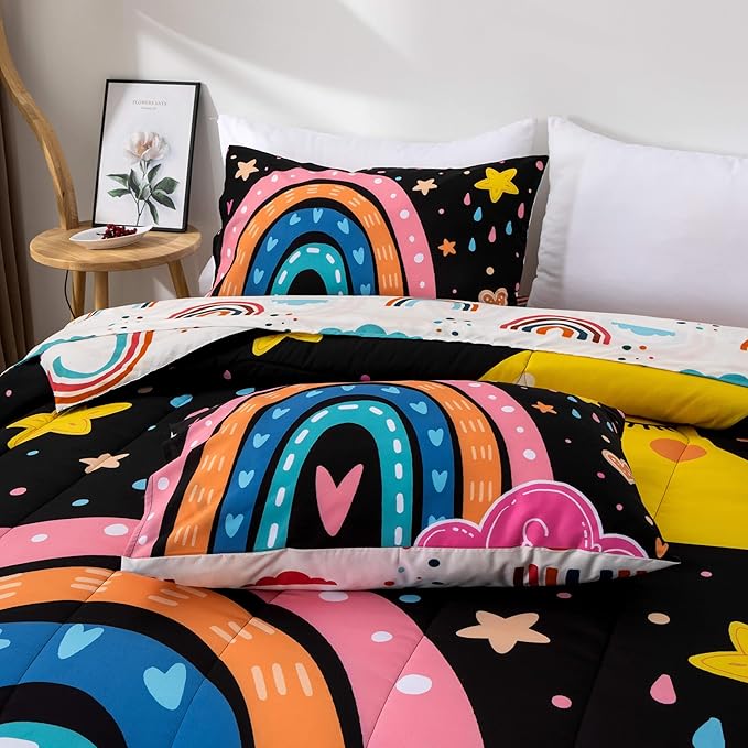 Btargot Lightweight Soft 3 Piece Rainbow Comforter Set with 2 Pillow Covers, Cartoon Love Hearts Flowers and Sun Moon Star Bedding Set for Girls Boys Kids, Twin Black