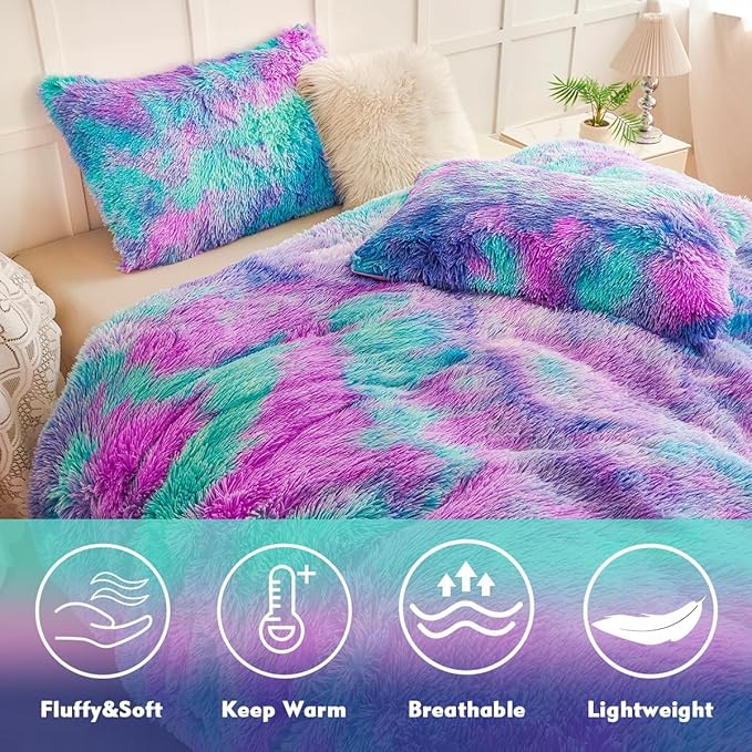 PERFEMET Fuzzy Girls Queen Size Bedding Set 3 Pieces Luxury Purple and Teal Faux Fur Fluffy Comforter for Kids Teens Ultra Soft Warm Tie Dye Velvet Plush Shaggy Bed Comforter Sets(Purple Teal, Queen)