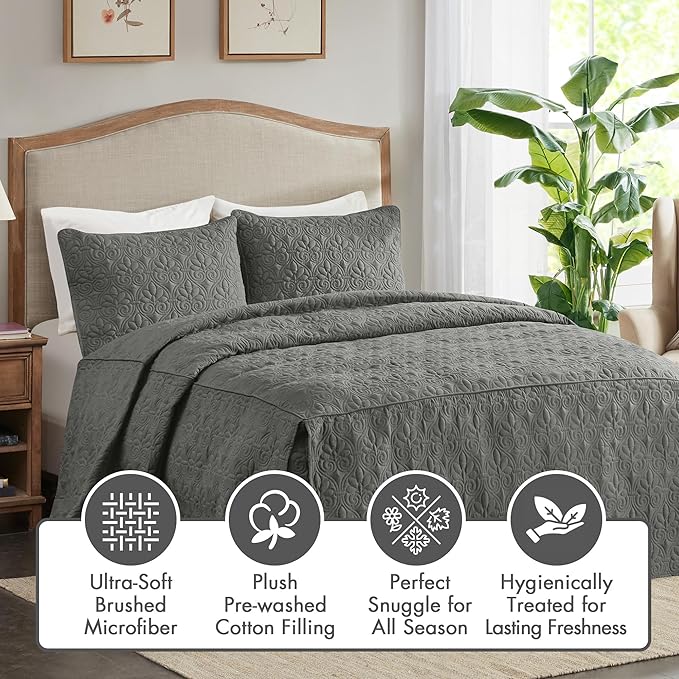 Madison Park Quebec Split Corner Quilted Bedspread Classic Traditional Design All Season, Lightweight, Bedding Set, Matching Shams, King, Damask Quilted Dark Grey 3 Piece