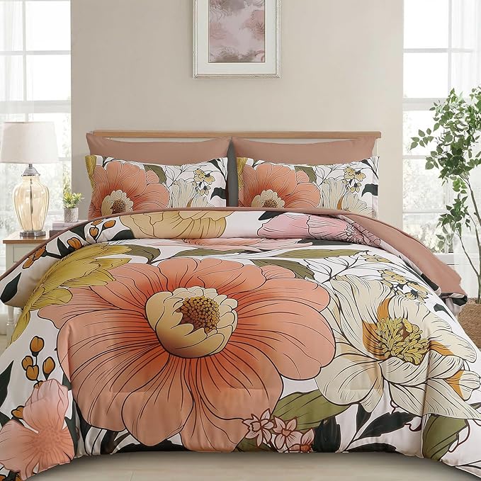 Xruibed Floral Comforter Set King Size 7 Pieces Bed in a Bag Pink Flower Bedding Comforter Sets Lightweight Boho Bed Set with Sheet,Pillowcases&Shams for All Season