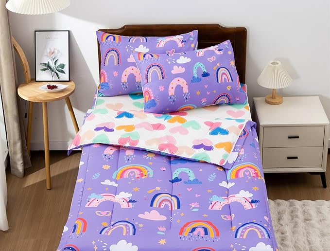 Meeting Story 3pcs Kids Comforter Sets Zipper Bedding Set for Girls,Full Kid Bedding Set Rainbow Flower Comforter for Kid,All in one Zipper Bedding（Drak Purple,Full）