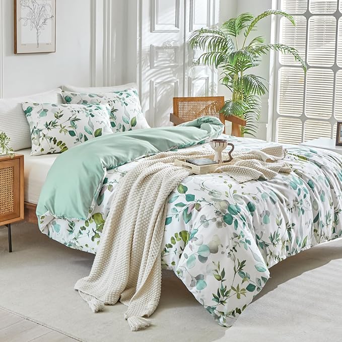 Lekesky Duvet Cover King Size, Reversible Botanical Floral Duvet Cover Set with Zipper Closure, 3 Pieces Soft Microfiber Green Bedding Set (1Duvet Cover 104"x90", 2 Pillowcases 20"x36")