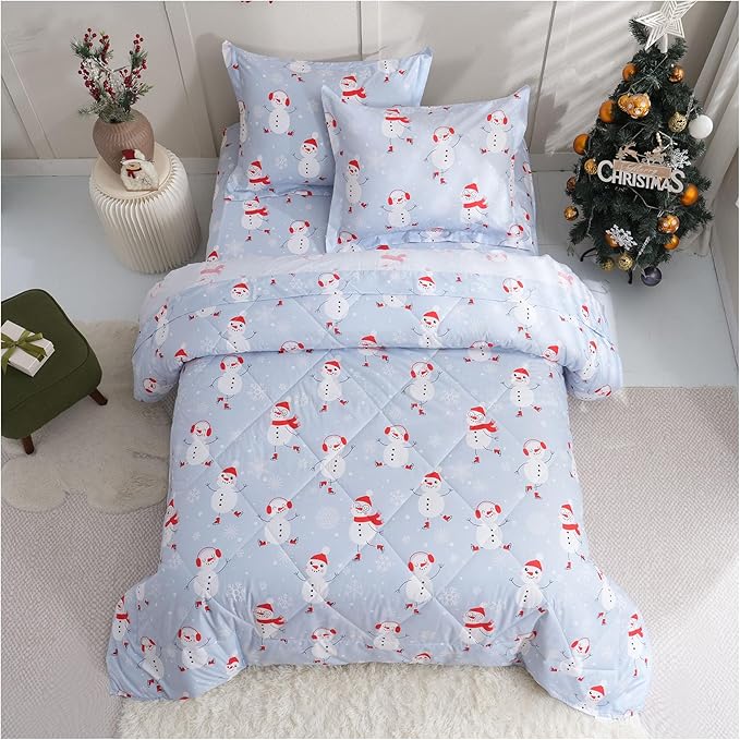 JSD Blue Snowman Kids Comforter Set Queen Size, 3 PC Christmas Winter Printed Microfiber Bedding Set for Boys Girls Teens