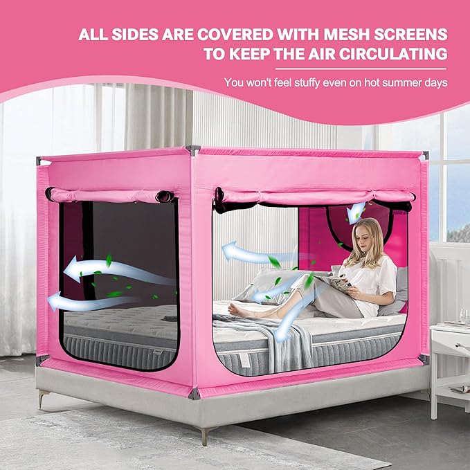 Twin Bed Canopy Portable Blackout Bed Tent Privacy Tent for Adult Indoor Sleeping with 3 Doors, Storage Bag, Pink