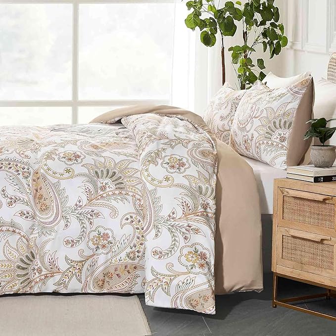 Nanko Paisley Duvet Cover Set Queen Size, Tan Taupe Classy Boho Damask Printed Pattern Bed Set, Soft Microfiber Reversible Comforter Bedding Cover with Zip Ties - Farmhouse for Women Men, 3 Pcs 90 x90
