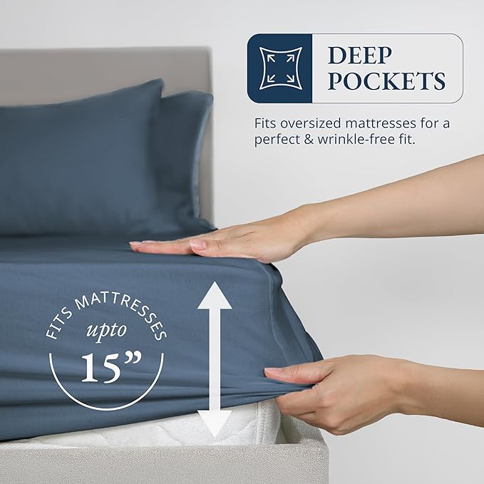 LANE LINEN Queen Fitted Sheet, 100% Organic Cotton Fitted Bed Sheets, Soft & Comfy Naturally Cooling Eco Friendly All Weather Fitted Sheets Queen Fits Mattress Upto 15" Deep- Navy (Cases Included)
