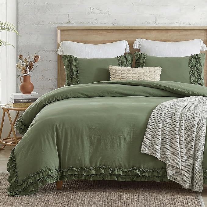 Avocado Green Duvet Cover King Ruffled Bedding Set Pleated Ruffle Fringe Shabby Chic Bedding Super Soft Cozy Boho Bedroom Bedding for All Season