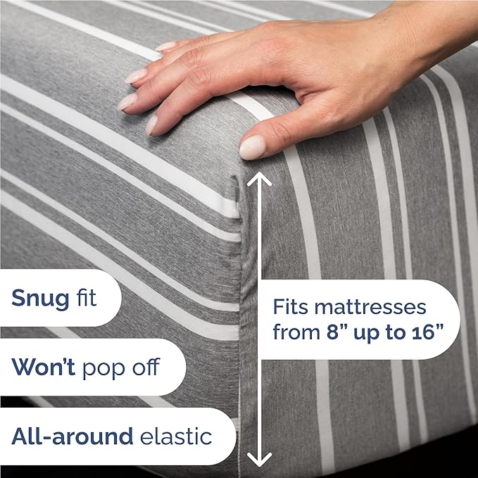 Twin XL 4 Piece Sheet Set - Comfy Breathable & Cooling - Soft Hotel Luxury Bedding Set with 8-16 Inch Deep Pockets - 1 Flat & 1 Fitted Sheet & 2 Pillowcases - Wrinkle Free & Easy Care - Grey Stripes 3