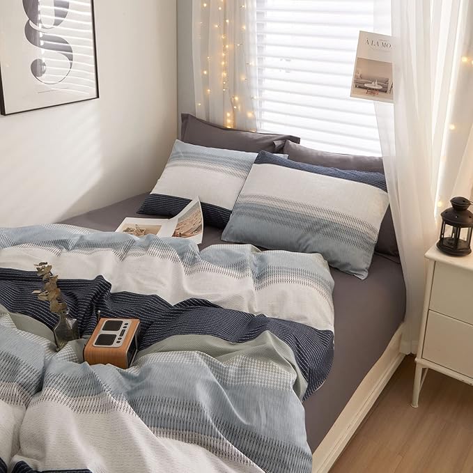 LifeTB Cotton Duvet Cover Queen White Blue Gray Stripe Comforter Cover Geometric Stripe Bedding Set Modern Soft Duvet Cover for Men Boy Teen Boho Queen Duvet Cover Set