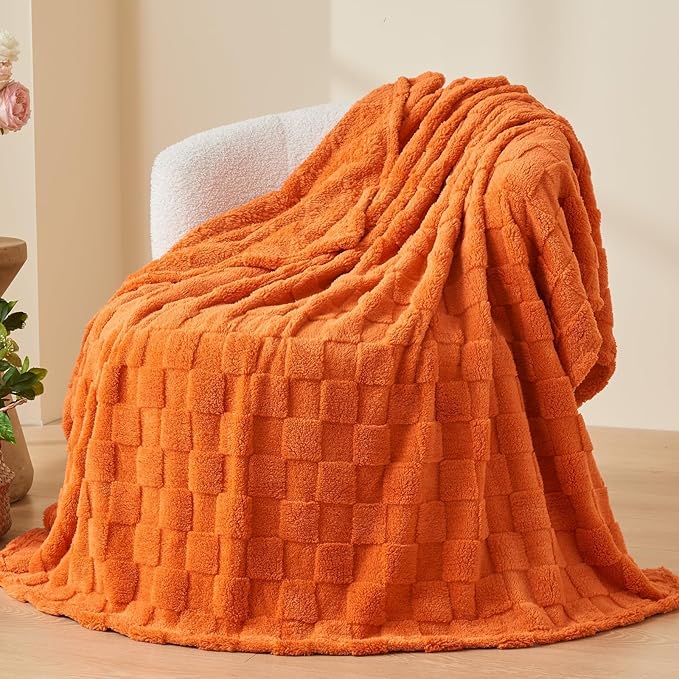 NEWCOSPLAY Super Soft Throw Blanket Orange Premium Silky Flannel Fleece 3D Checkered Lightweight Bed Blanket All Season Use (Orange Checkered, Throw(50"x70"))