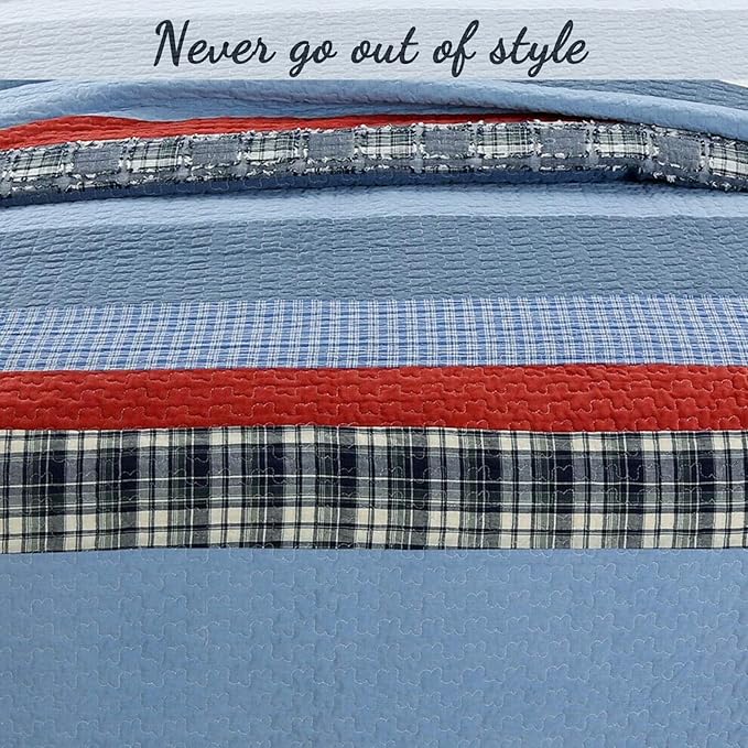 Cozy Line Home Fashions Sailor Navy Striped 100% Cotton Reversible Bedding Quilt Set, Coverlet Bedspread for Boys Kids (Navy/Red, Queen - 3 Piece)
