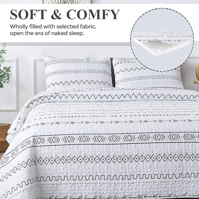 Andency White California King Quilt Set, 3 Pieces Boho Lightweight Soft Striped Cal King Bedspread for All Season (112"x104"), Printed Bohemian Microfiber Reversible Coverlet Comforter Sets