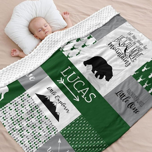 Personalized Baby Blankets for Boys, Baby Blanket for Boys with Name, Soft Plush Receiving for Newborns - Essential Baby Items, Woodland Bear Forest Green 35x45 Inches