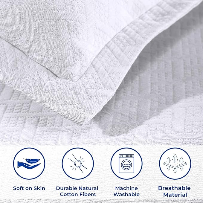 Superior 2 Piece Basketweave Cotton Bedspread Set, Home Bed Decor, Decorative Bed Spread, 1 Pillow Sham, Medium Weight Blanket, Matelasse Coverlet Bedding, Geometric Lattice Pattern, Twin, White