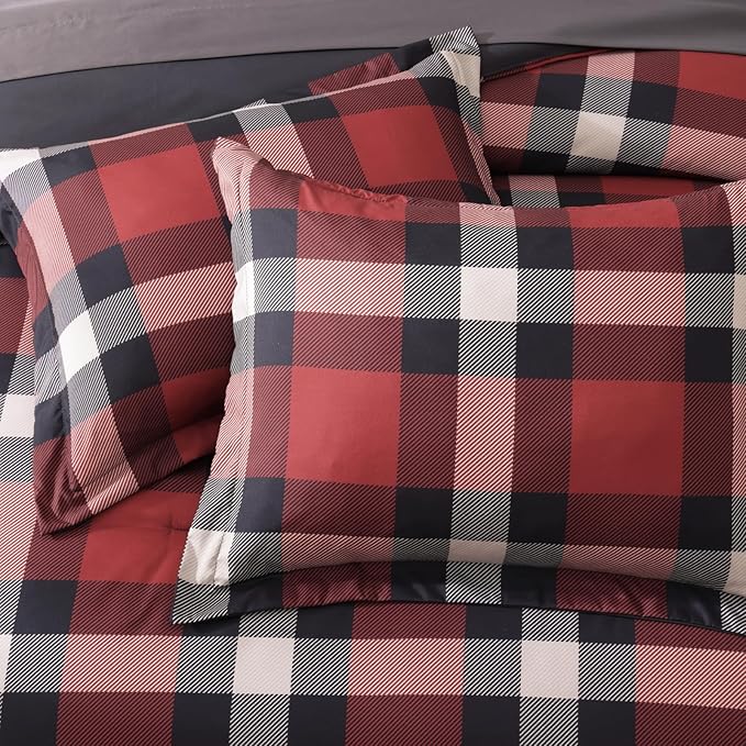 Full Size Comforter Set, Red Plaid Bedding Set 7 Pieces for Boys Girls, Classic Checkered All Season Bed in a Bag for Dorm with Sheets, Pillowcases & Shams
