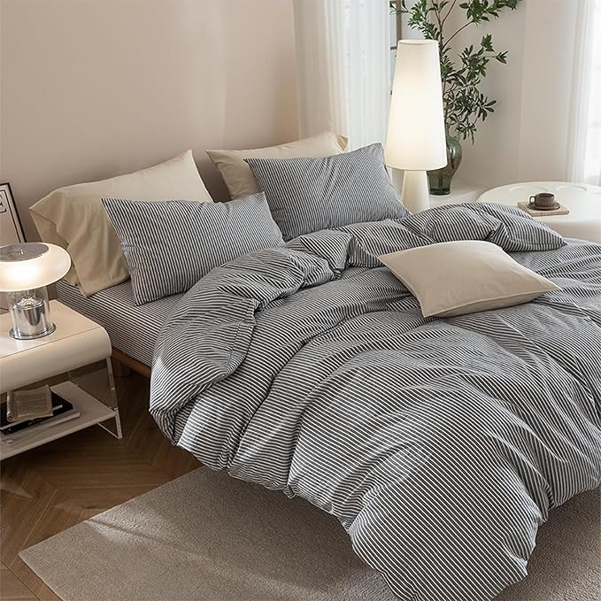 JIYUAN 100% Washed Cotton Striped Duvet Cover Set 3 Pieces Queen, 1 Duvet Cover and 2 Pillowcases(Comforter Not Included),Linen Like Comfy and Breathable,Pinstripes - Dark Grey White